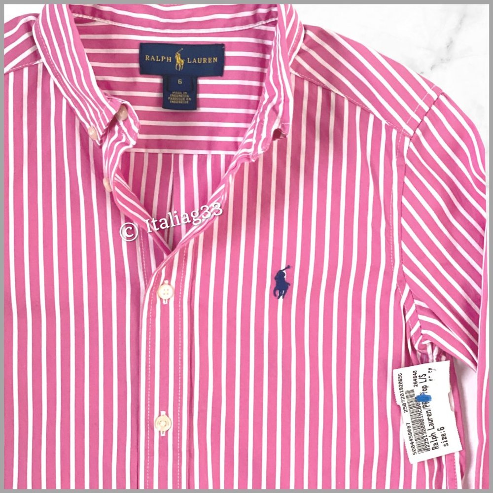 Ralph Lauren Polo Oxford Dress Shirt Pink Striped Long Sleeve Boys 6 Brand New! - Picture 3 of 13